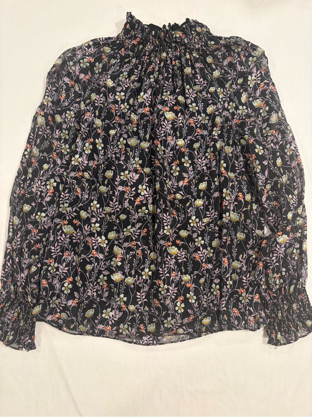 Rebecca Taylor Black Floral Smocked-Neck Blouse with Pink and Green Blooms